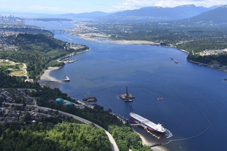 A aerial view of the Trans Mountain marine terminal in Burnaby, B.C., in May 2018