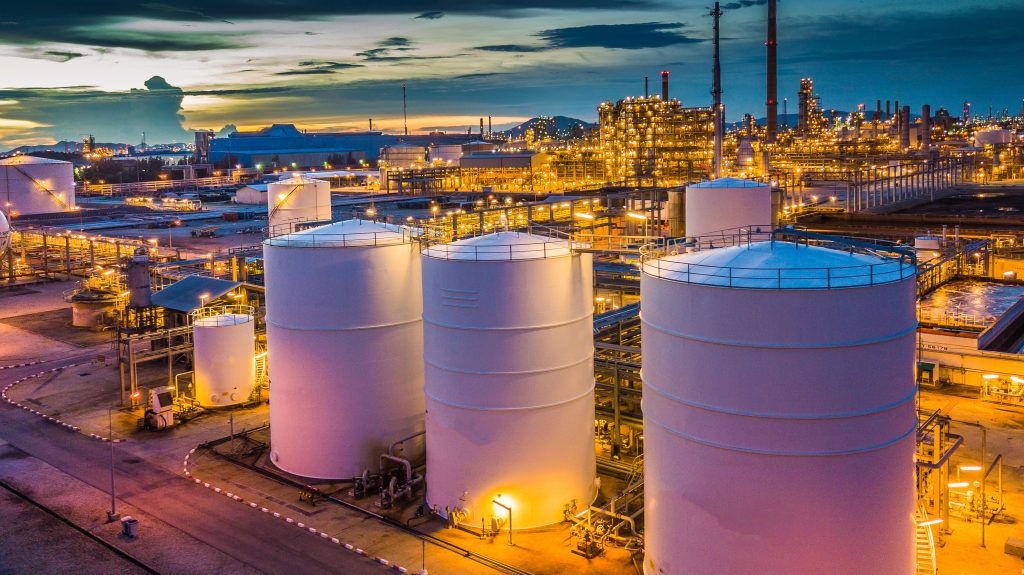 aerial view oil terminal is industrial facility for storage tank