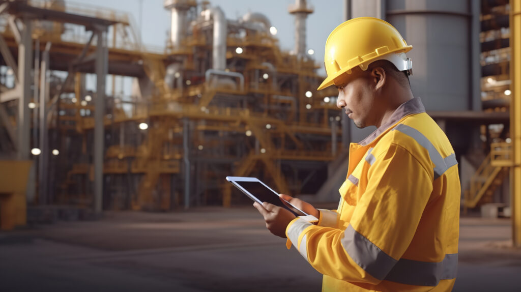 engineer wearing a yellow helmet using tablet and looking for security oil refinery plant. concept to safety of oil refinery plant.