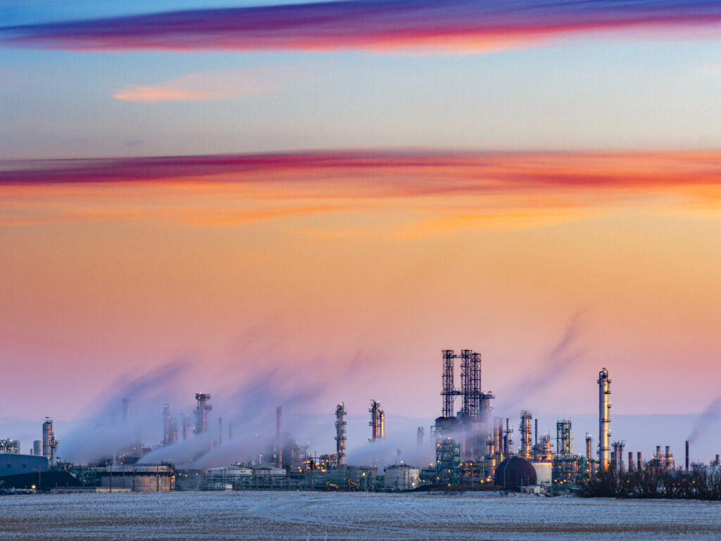 sunset view of refinery complex