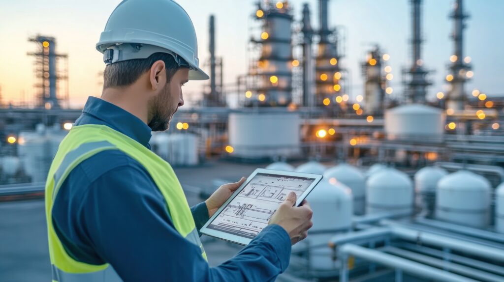an engineer or refinery supervisor is checking natural gas supply on a digital tablet, with an lpg gas plant in the background.