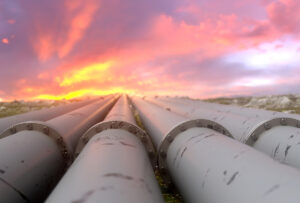 industrial pipelines and valves on sunset sky background, banner.