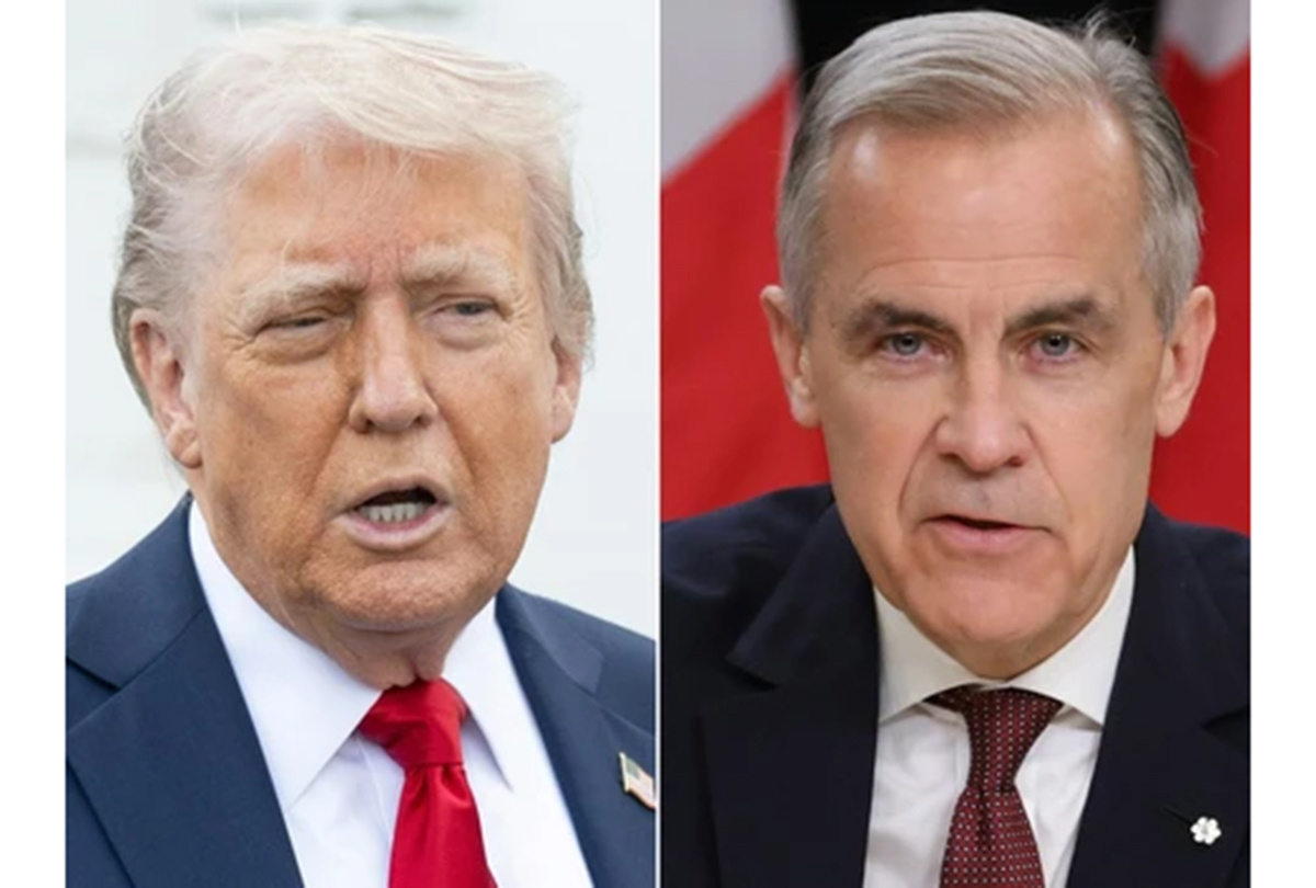 us president donald trump speaking in washington, dc, on april 23, 2025. canada's prime minister mark carney speaking in ottawa may 2, 2025 1200x810