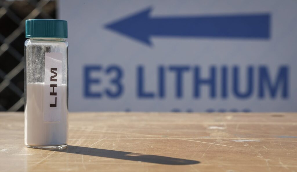 a vial of lithium at the e3 lithium demonstration plant near olds, alberta