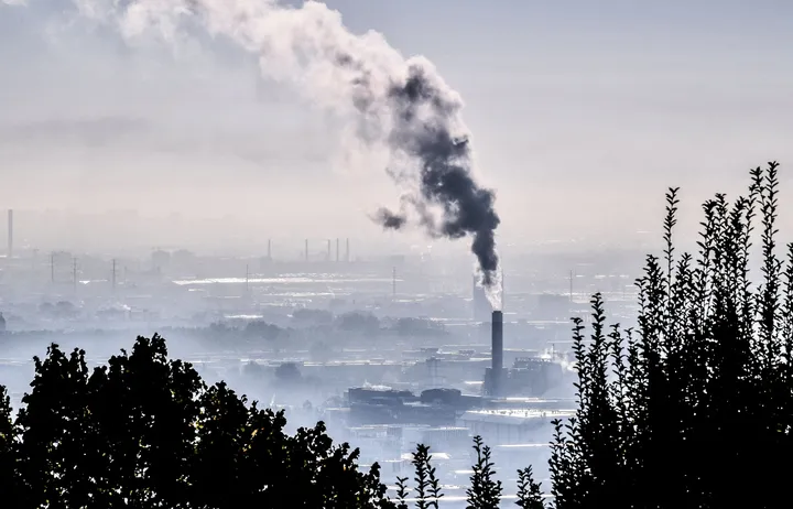 smoke from a cooling tower in lyon, france