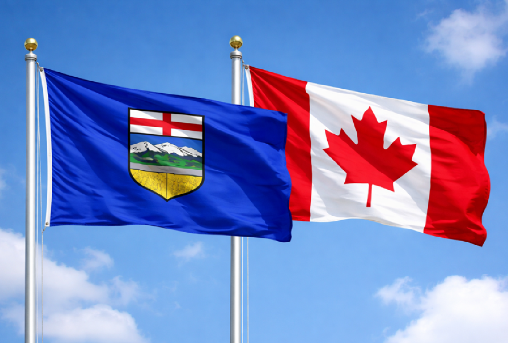 alberta canada flags in breeze 1200x810