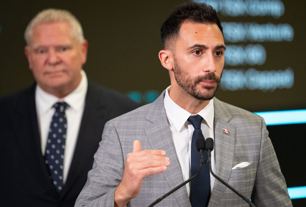 ontario energy minister stephen lecce speaks as premier doug ford looks on in toronto cp174440964 1200x810