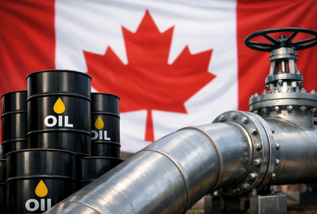 canada flag with oil barrels and pipeline 1200x810