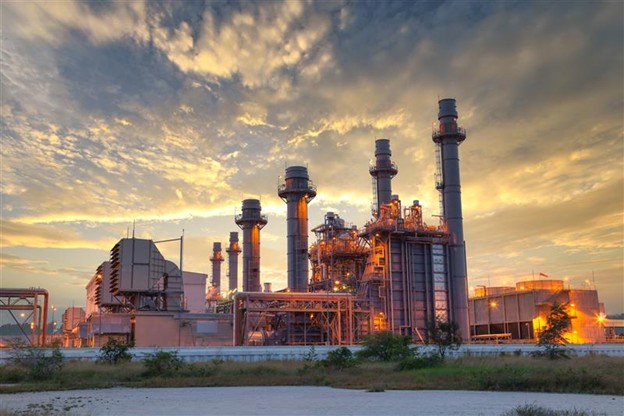 power plant energy power station area, gas turbine electrical power plant during sunset and twilight time