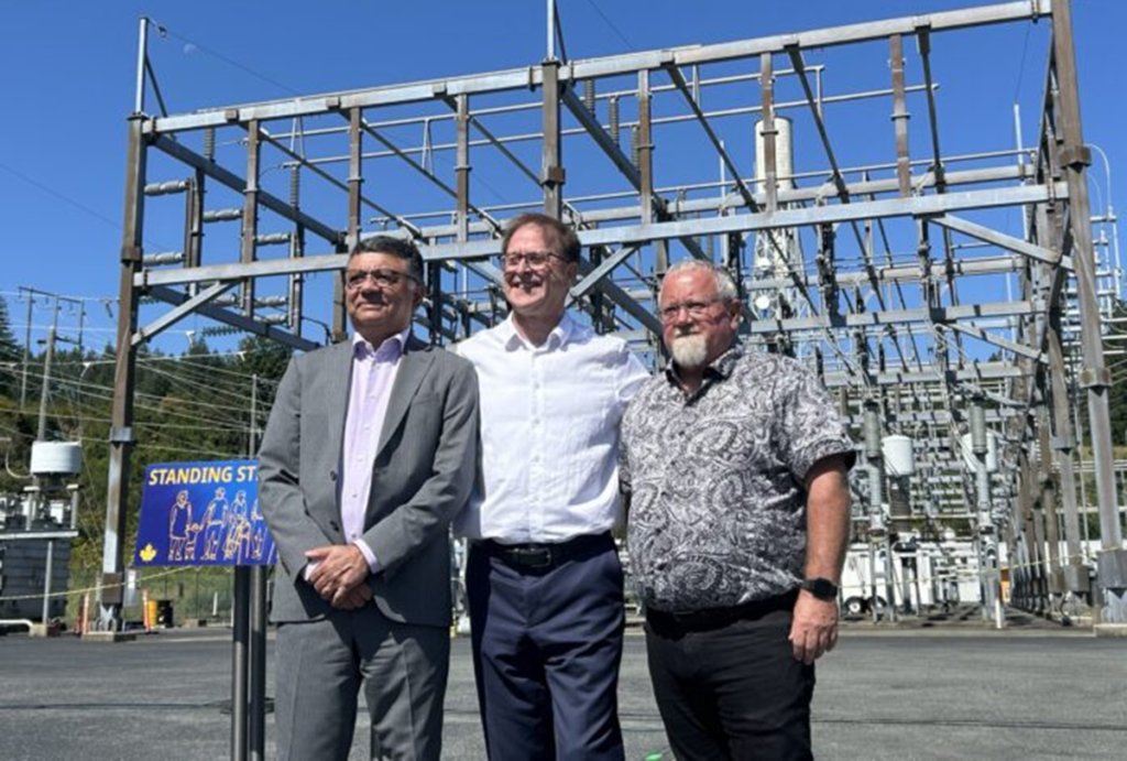 from left, b.c. hydro's ajay kumar, b.c. energy minister adrian dix and campbell river mayor kermit dahl at the island generation power station 1200x810