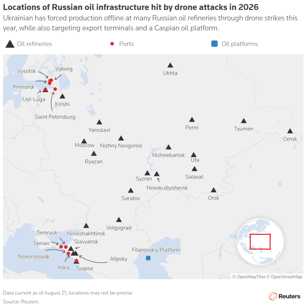 locations of russian oil infrastructure hit by drone attacks in 2026
