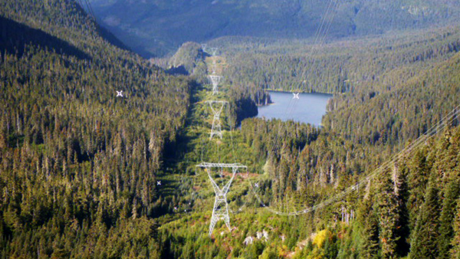 transmission towers and lines running through a forest past a la